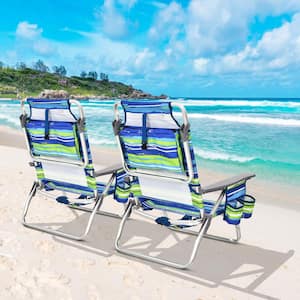 Blue Aluminum Folding Outdoor Beach Chair Reclining Chair with Pillow and Backpack (2-Pack)