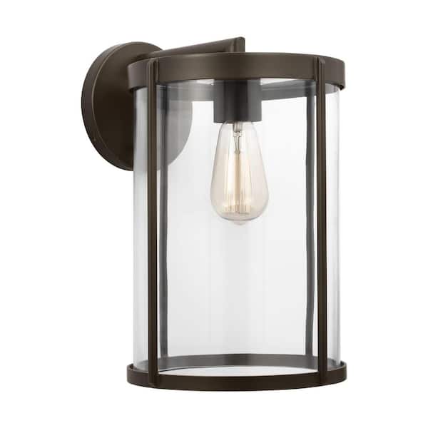 Luning Large 15 in. Antique Bronze with Clear Glass Outdoor Hardwired Wall Lantern Sconce with No Bulb Included
