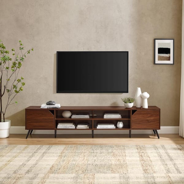 Welwick Designs 80 in. Dark Walnut Wood Modern Wide TV Stand with Open and Closed Storage Fits TVs up to 70 in.