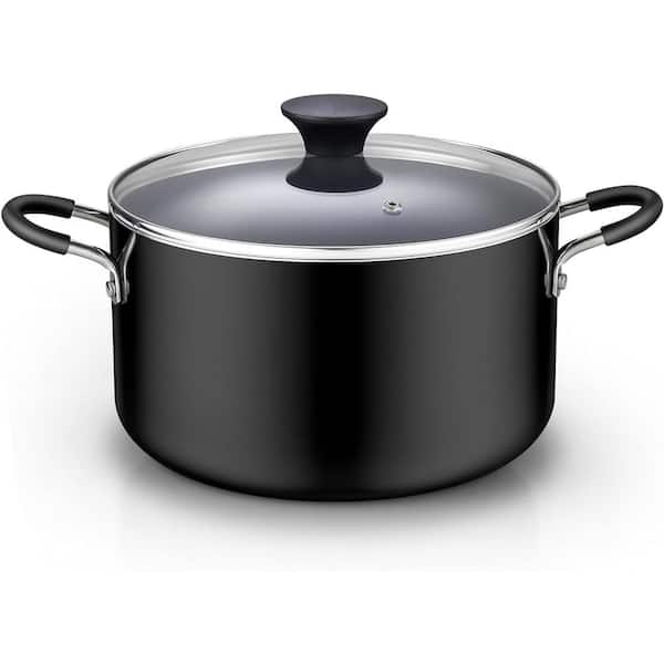 Adrinfly 6 qt. Thick Gauge Aluminum Nonstick Stockpot in Black Effortless Cleanup with Glass Lid and Stay Cool Riveted Handles