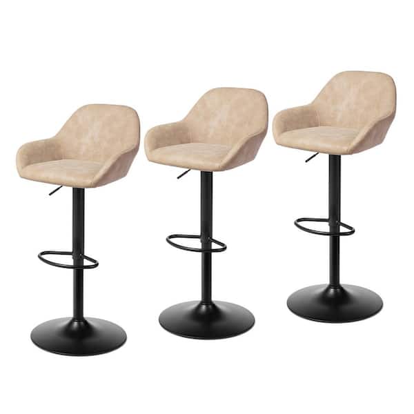 34.25-43 in. H Adjustable Height Modern Khaki Leatherette Gaslift 360°Swivel Bar Stool With Low Back (set of 3)