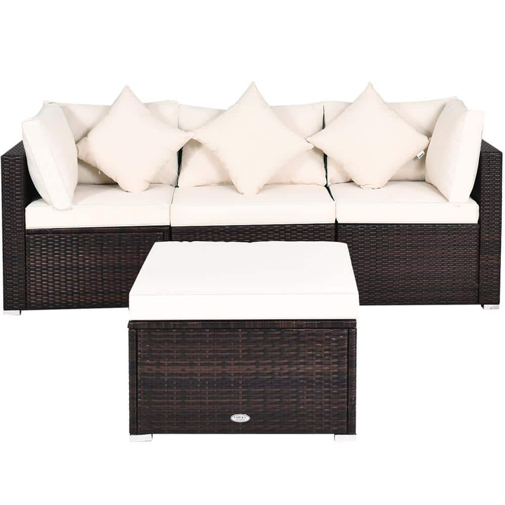 4-Piece Wicker Outdoor Sectional Set Patio Conversation Set with White Cushion -  HONEY JOY, TOPB003112