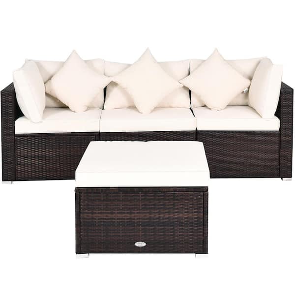 HONEY JOY 4-Piece Wicker Outdoor Sectional Set Patio Conversation Set with White Cushion
