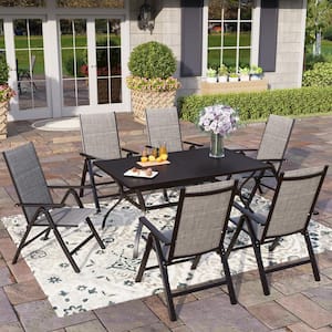 Black 7-Piece Metal Slat Table Patio Outdoor Dining Set with Gery Folding Reclining Padded Sling Chairs