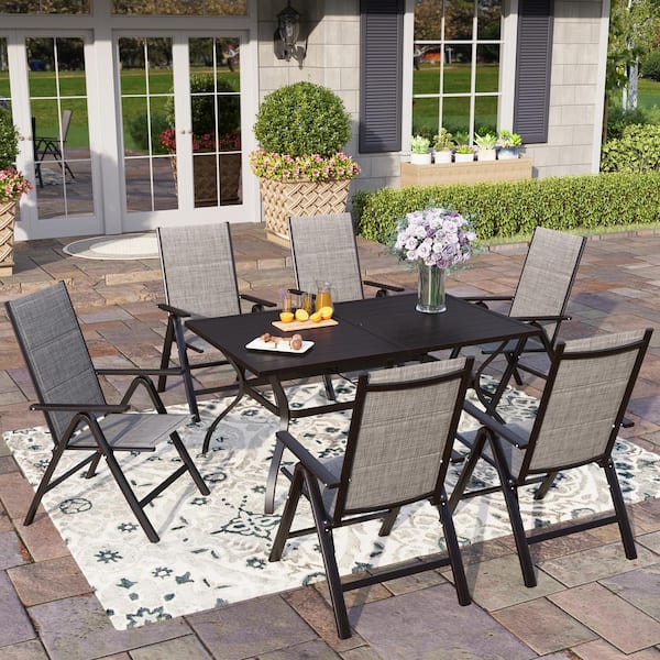 PHI VILLA Black 7-Piece Metal Slat Table Patio Outdoor Dining Set with Gery Folding Reclining Padded Sling Chairs