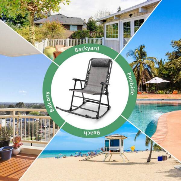 Clihome Metal Outdoor Rocking Chair Patio Camping Lightweight Folding Chairing Gray with Footrest