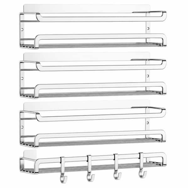 4-Pack Chrome Wall Mounted Spice Rack, Space-Saving Spice Organizer, Screw or Adhesive Hanging Spice Rack Organizer