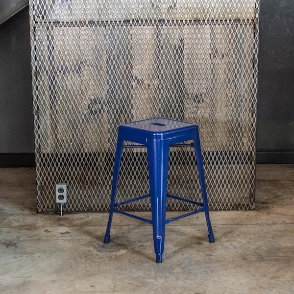 24 in. Blue Metal, Backless, Stackable Bar Stool (Set of 3)
