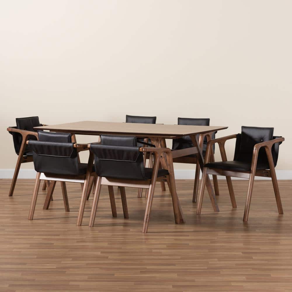 Walnut Brown & Black Faux Leather 7-Piece Dining Set with Button-Tufted Chairs
