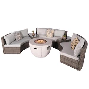 Cedar Half Moon Grey 6-Piece Wicker Outdoor Sectional Set Round Firepits with Grey Cushions