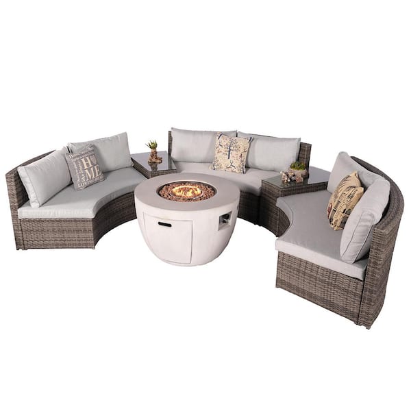 DIRECT WICKER Cedar Half Moon Grey 6-Piece Wicker Outdoor Sectional Set Round Firepits with Grey Cushions