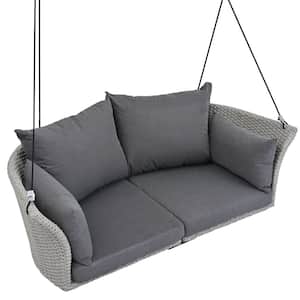 51.9 in. Gray Frame 2-Person Wicker Porch Swing with Ropes, Wicker and Gray Cushion