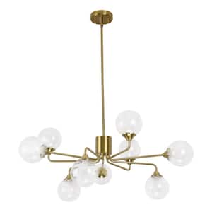 Modern Gold Dining Room Chandelier, Bubble 9-Light Farmhouse Globe Sputnik Bedroom Chandelier with Clear Glass Shades