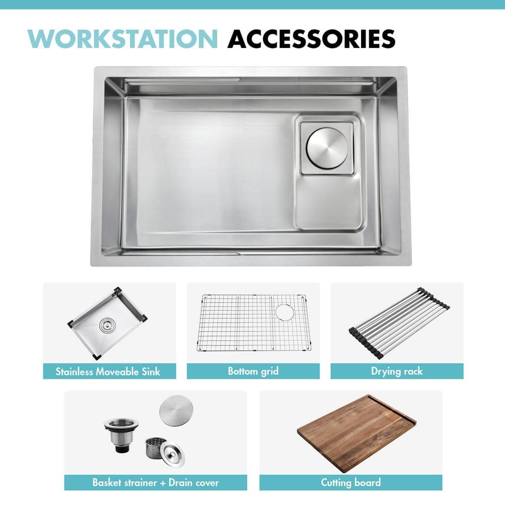 Akicon AK-U3019WSF 28'' L Undermount Single Bowl Stainless Steel Kitchen Sink