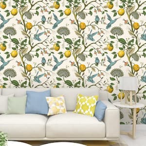 17.7 in. x 9.8 ft. Blue Bird Fresh Lemon Tree Waterproof Peel and Stick Wallpaper