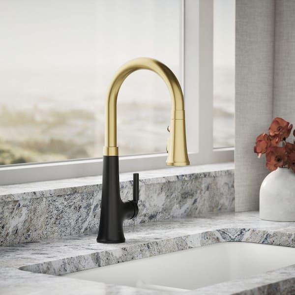 Tone Single Handle Pull Down Sprayer Kitchen Faucet in Matte Black with Moderne Brass