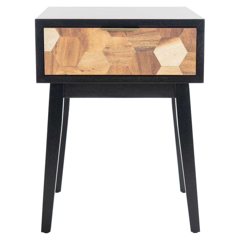 Round Black and Natural Wood Metal Accent Table with Storage