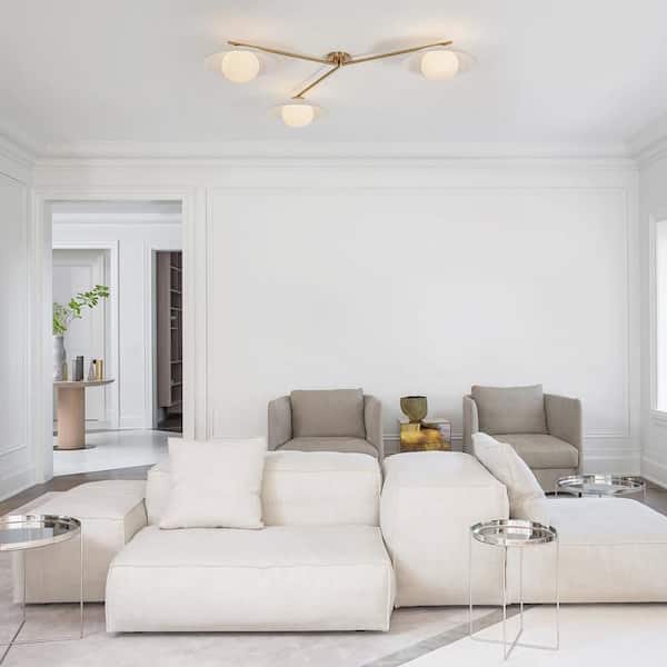59.1 in. 3-Light Modern Mid-Century Brass Semi-Flush Mount Ceiling Light with Layered Disc and Opal Globe Shade