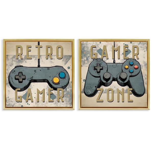 Retro Gamer Controllers by Kim Allen 2-Pieces Gold Floater Frame Typography Graphic Art Print 25 in. x 25 in.