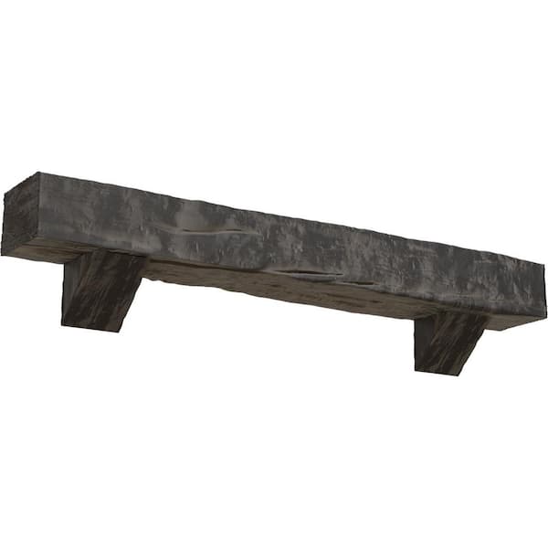 Ekena Millwork 8 in. x 10 in. x 4 ft. Riverwood Faux Wood Fireplace Mantel Kit with Breckinridge Corbels, Aged Cedar