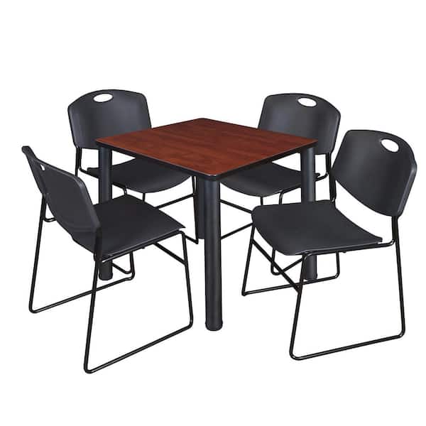 Kee 30 in Cherry Top Square Breakroom Table Desk, Black Legs, 4 Zeng Stack Chairs-Black