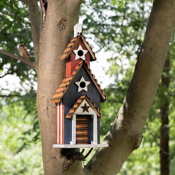 glitzhome Oversized Rustic Wooden Metal Patriotic Birdhouse Distressed Garden Bird House 24.41 H 