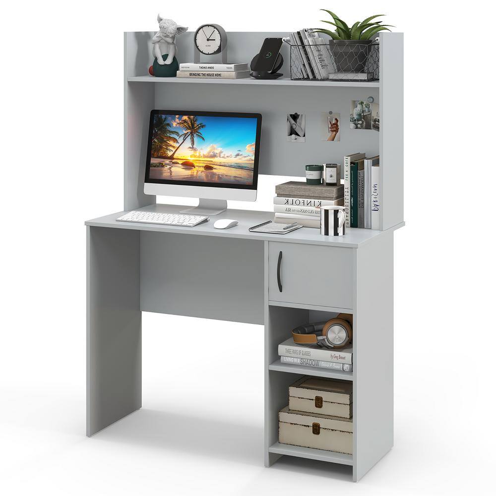 41.5 in. Rectangular Gray Wood without Drawer Computer Desk w/Raised Display Shelf & 2 Open Shelves