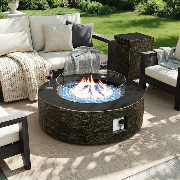 42-Inch Round Concrete Propane Fire Pit Table with Tank Cover and Wind Guard,Vintage Bronze