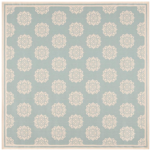 SAFAVIEH Beach House Aqua/Cream 8 ft. x 8 ft. Border Geometric Floral Indoor/Outdoor Patio  Square Area Rug