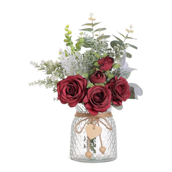 14.5 in. Red Rose Indoor Artificial Faux Flowers in Vase PUX43D6T - The ...