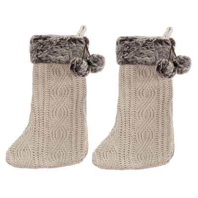 20 in. Beige Knitted Cotton Gingerbread Christmas Stocking with Pom Tassels (3-Pack)