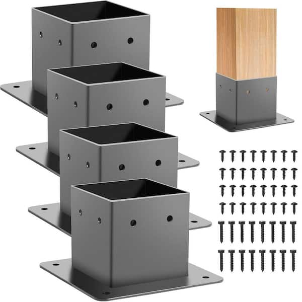 Heavy Duty Steel 4x4 Post Base Black Powder-Coated with Fasteners (4-Pack) for Wood Deck Porch Railing Pergola Support