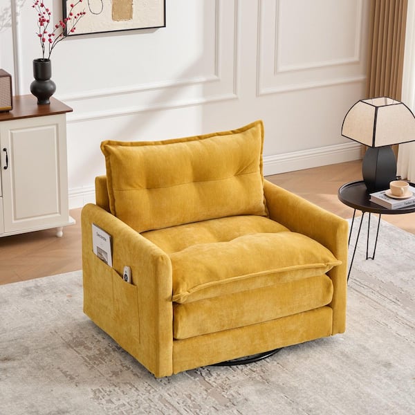 Mid Century Mustard Yellow Chenille 1-Seat Thick Padded Arm Chair with 360° Swivel and Side Pockets