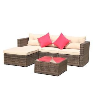 Brown 5-Pieces Wicker Patio Conversation Sectional Seating Set with Shallow Brown Cushions