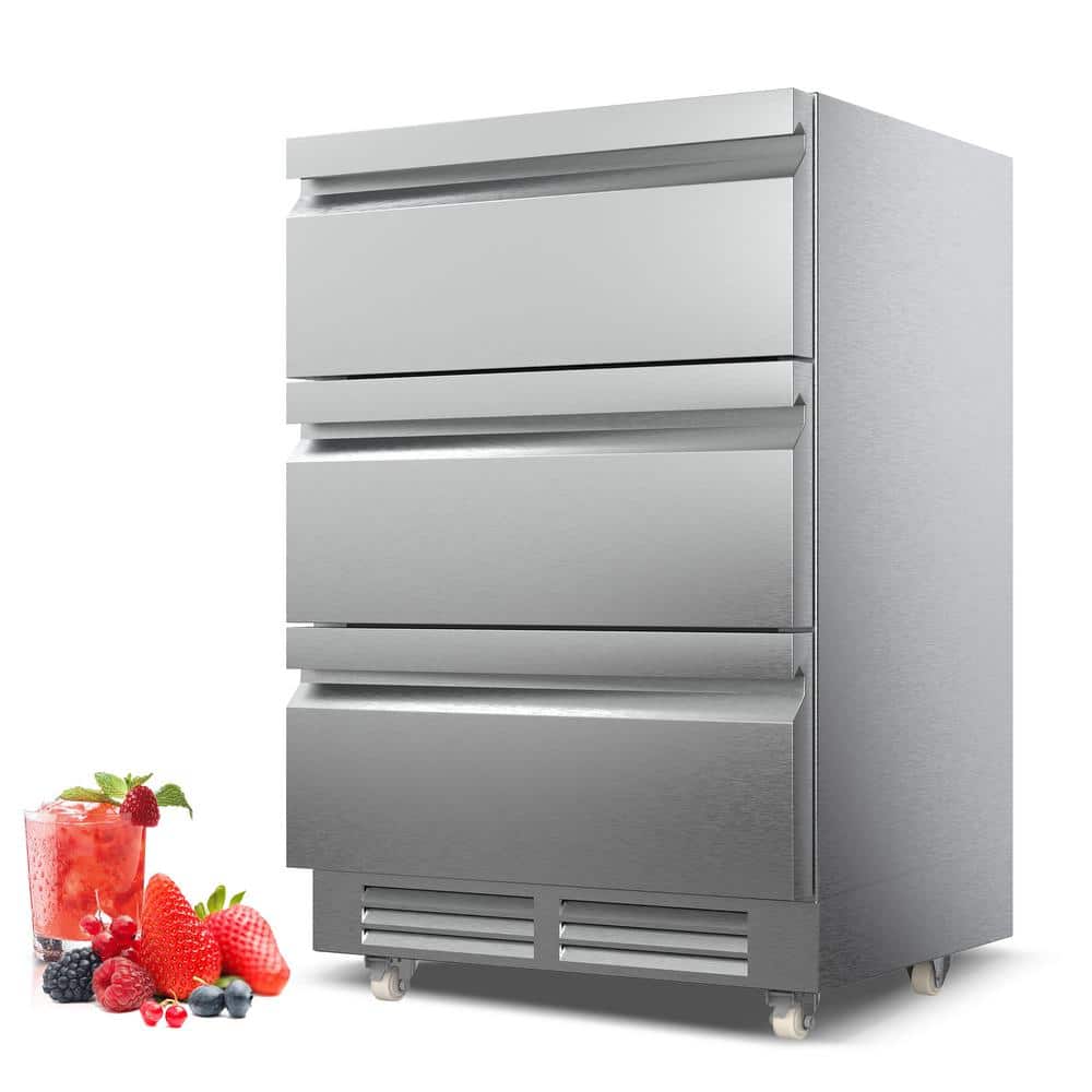 4.9 cu. ft. 24 in. 200-Can Built-in/Freestanding Triple Drawer Outdoor Cooler Fridge with 4-Wheels, Stainless Steel