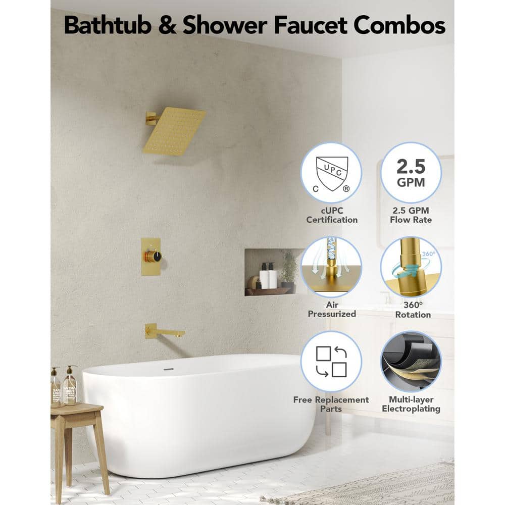 Brushed Gold Wall-Mounted Rain Shower and Tub Faucet Set