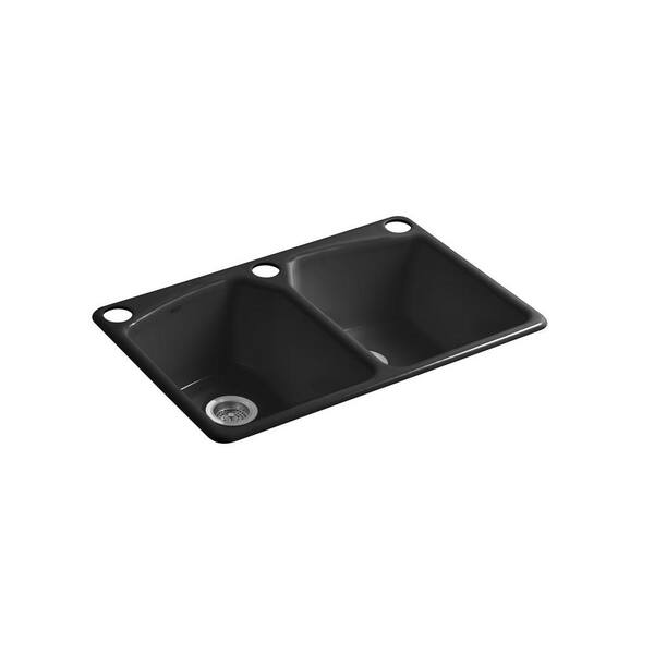 KOHLER Tanager Undermount Cast-Iron 33 in. 3-Hole Double Bowl Kitchen Sink in Black Black