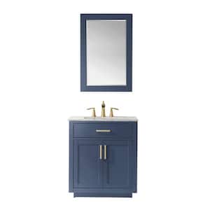 Ivy 30 in. Single Bathroom Vanity Set in Royal Blue and Carrara White Marble Countertop with Mirror
