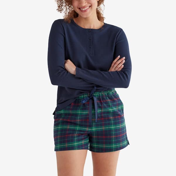 The Company Store Company Cotton Family Flannel Holiday Plaid Women's Medium Navy Multi Short Set