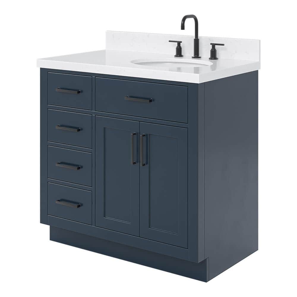 Midnight Blue Hardwood Freestanding Single Sink Vanity with Quartz Top