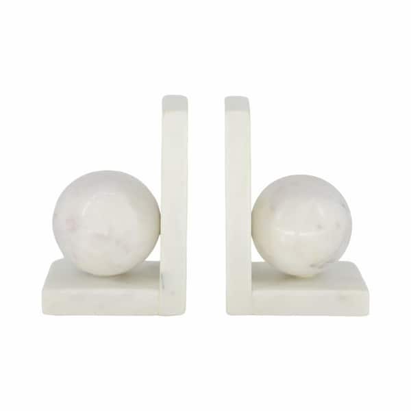 Liv & Skye White 6 in. Stone Decorative L Shaped Bookends with Sphere (Set of 2)