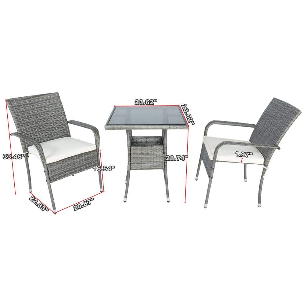 3-Piece Outdoor Wicker Patio Conversation Set with White Cushion for Porch 