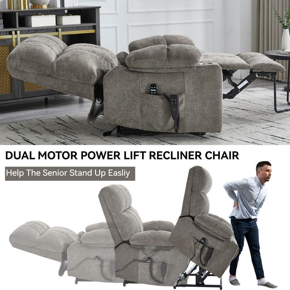 Gray chenille power lift recliner in fully reclined and upright positions.