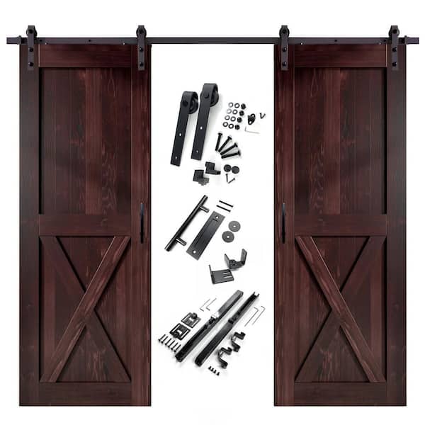 HOMACER 24 in. x 96 in. X-Frame Red Mahogany Double Pine Wood Interior Sliding Barn Door with Hardware Kit, Non-Bypass