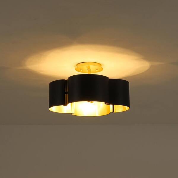 HUOKU Crucero 14.2 in. 4-Light Gloss Black Gold Flower Drum Semi