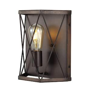 Liam 8.25 in. 1-Light Wood/Oil Rubbed Bronze Rustic Farmhouse Iron LED Sconce