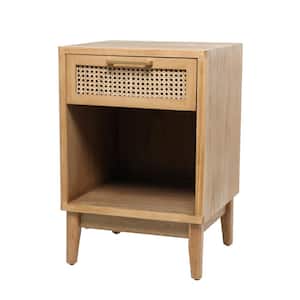 18 in. Light Brown 1-Drawer and 1-Shelf Large Rectangle Wood End Table with Cane Front Drawer and Gold Handle