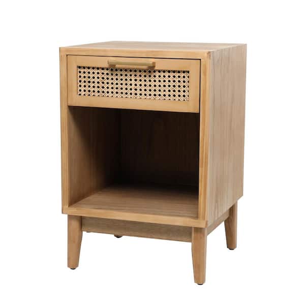 Litton Lane 18 in. Light Brown 1-Drawer and 1-Shelf Large Rectangle Wood End Table with Cane Front Drawer and Gold Handle