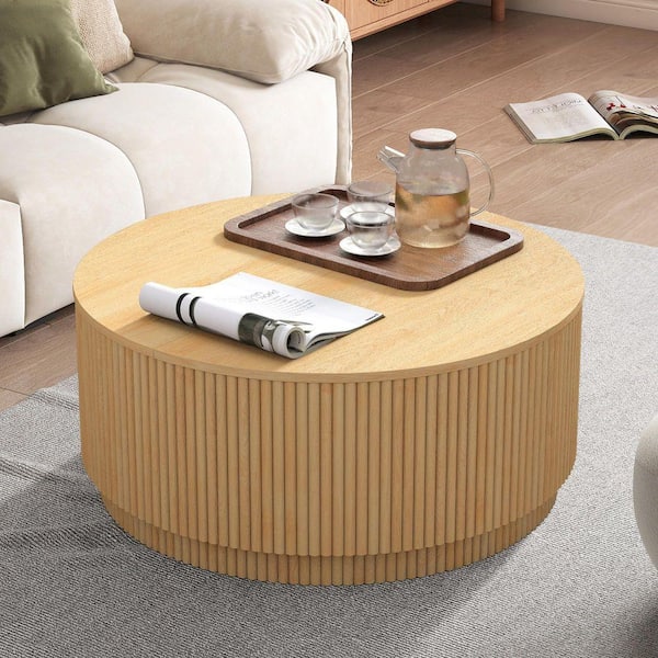 31.5 in. Natural Round MDF Storage Coffee Table with A Flip-out Panel