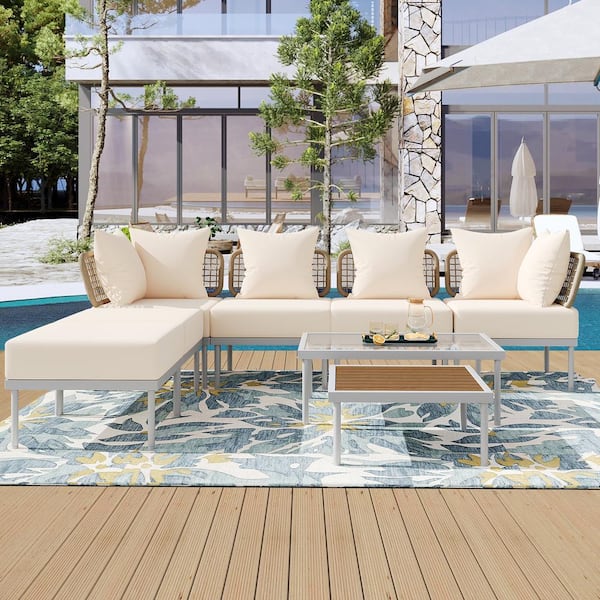 FORCLOVER 8-Piece Wicker Patio Conversation Set with 6-in Extra Thick Beige Cushions